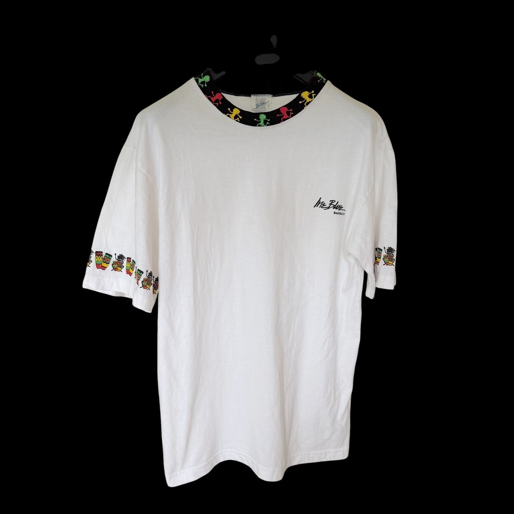 90's Irie Blue Barbados T-Shirt White Printed Neck Cotton Rasta Reggae